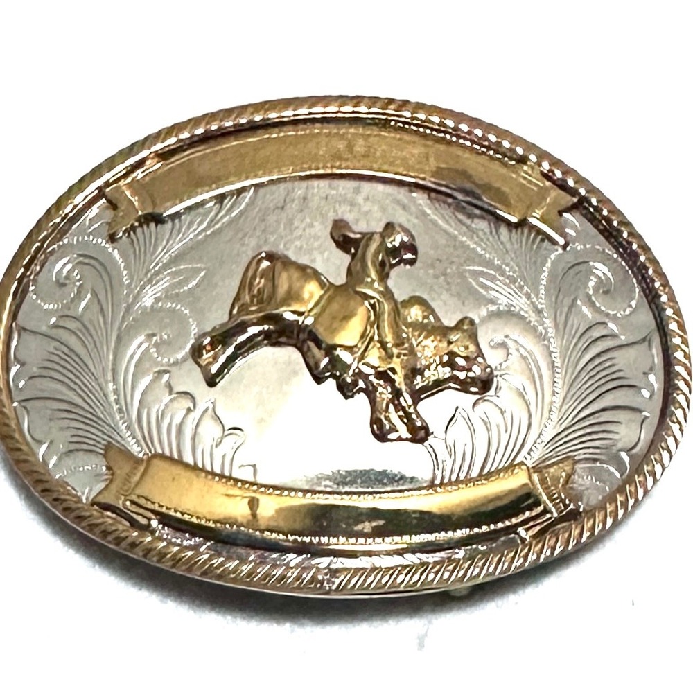 Vintage German Silver Western Bull Rider Belt Buckle Two Tone Engraved Oval